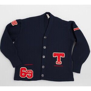 Vintage 1968 Deep Blue Varsity Letterman Cardigan Wool Sweater-Size Small